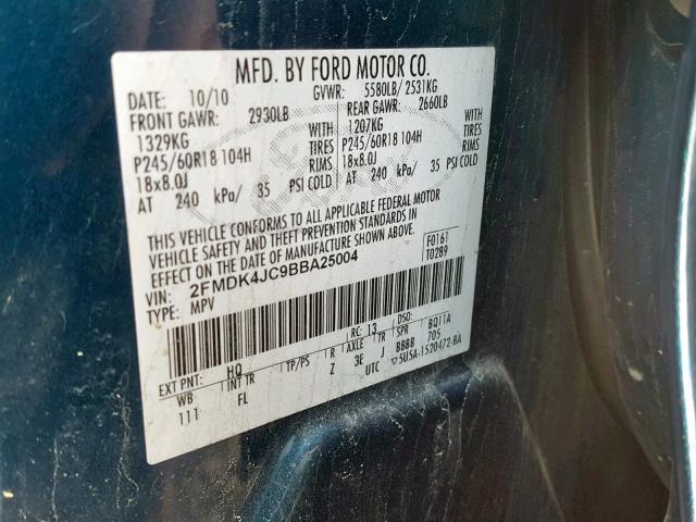 2FMDK4JC9BBA25004 - 2011 FORD EDGE SEL BLUE photo 10