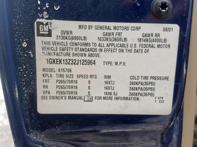 1GKEK13Z32J125964 - 2002 GMC YUKON BLUE photo 10