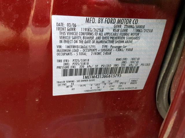 1MEFM43136G615795 - 2006 MERCURY MONTEGO PR 栗色 照片 10