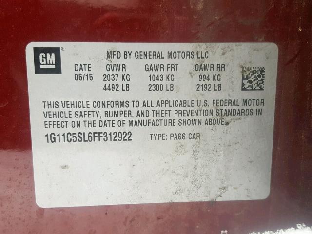 1G11C5SL6FF312922 - 2015 CHEVROLET MALIBU 1LT ბურგუნდია ფოტო 10