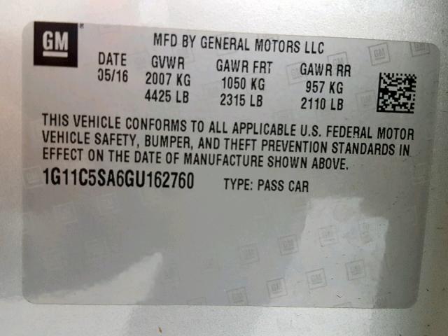 1G11C5SA6GU162760 - 2016 CHEVROLET MALIBU LIM SILVER photo 10