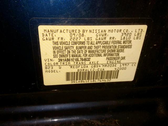 3N1AB61E18L764632 - 2008 NISSAN SENTRA 2.0 BLUE photo 10