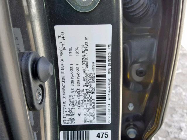 3TMAZ5CN1JM064819 - 2018 TOYOTA TACOMA DOU GRAY photo 10