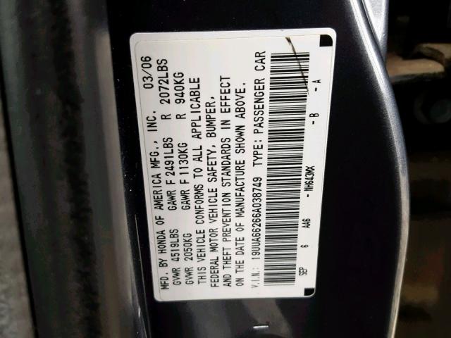 19UUA66266A038749 - 2006 ACURA 3.2TL GRAY photo 10