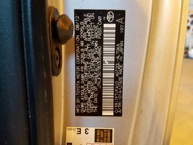 JTKJF5C78D3054880 - 2013 TOYOTA SCION TC ვერცხლისფერი ფოტო 10