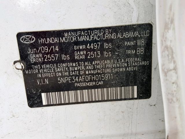 5NPE34AF0FH015911 - 2015 HYUNDAI SONATA SPO WHITE photo 10