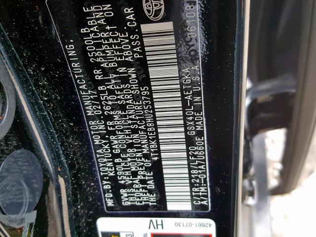 4T1BK1EB8HU253795 - 2017 TOYOTA AVALON XLE BLACK photo 10