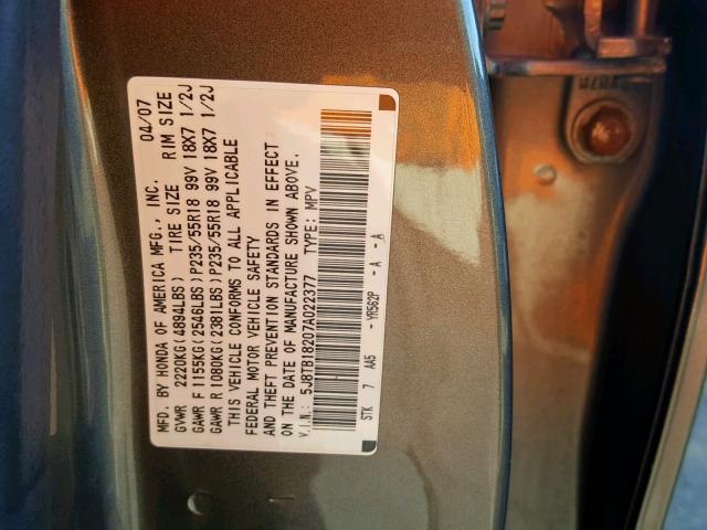 5J8TB18207A022377 - 2007 ACURA RDX GRAY photo 10