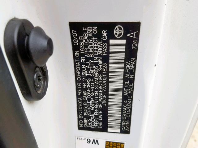 JTKDE177370211823 - 2007 TOYOTA SCION TC თეთრი ფოტო 10