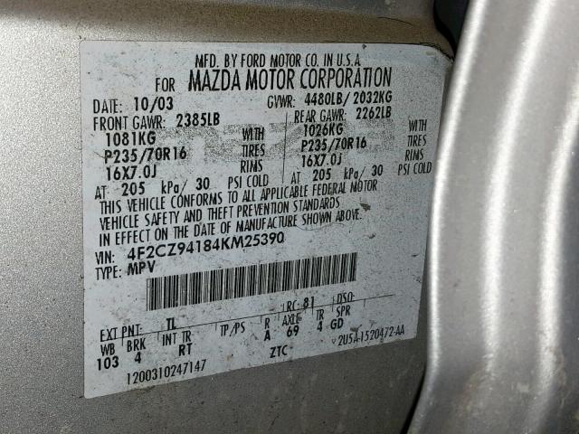 4F2CZ94184KM25390 - 2004 MAZDA TRIBUTE LX SILVER photo 10