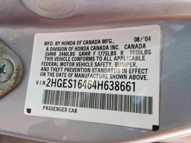 2HGES16464H638661 - 2004 HONDA CIVIC DX SILVER photo 10