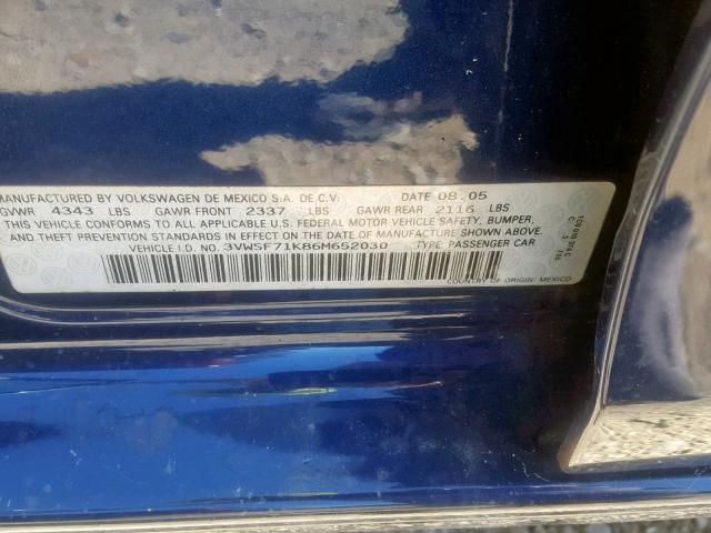 3VWSF71K86M652030 - 2006 VOLKSWAGEN JETTA 2.5 BLUE photo 10