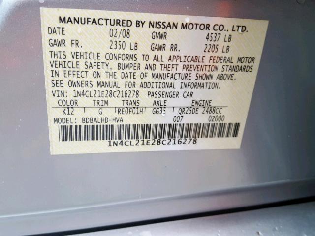 1N4CL21E28C216278 - 2008 NISSAN ALTIMA HYB WHITE photo 10