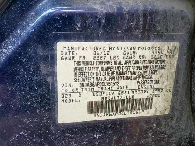 3N1AB6AP0CL751512 - 2012 NISSAN SENTRA 2.0 BLUE photo 10