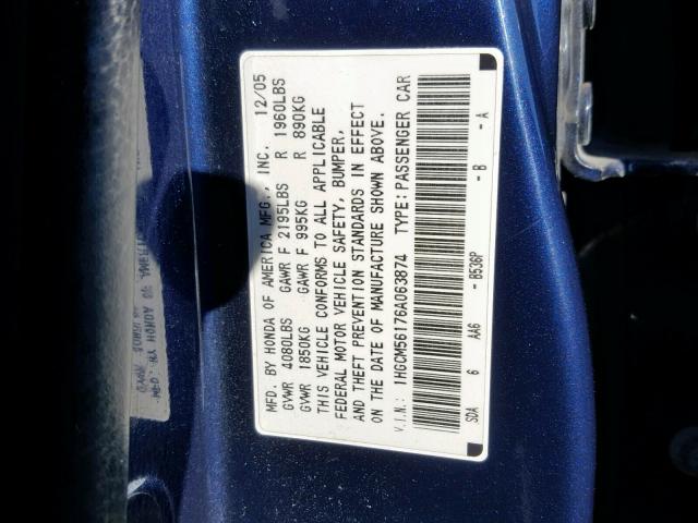 1HGCM56176A063874 - 2006 HONDA ACCORD VAL BLUE photo 10