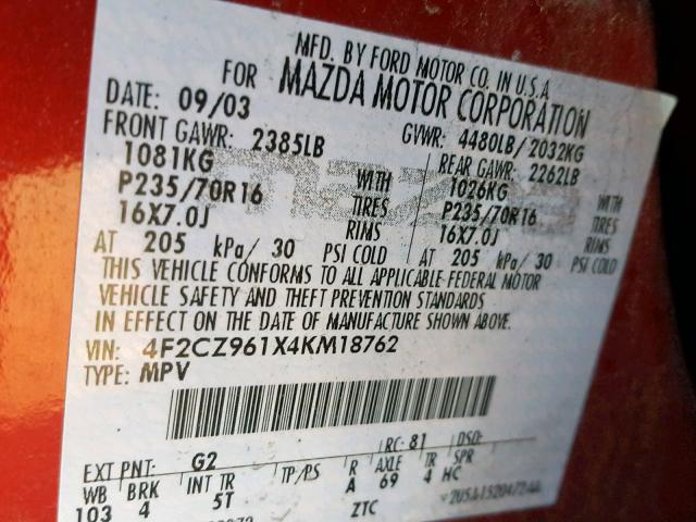 4F2CZ961X4KM18762 - 2004 MAZDA TRIBUTE ES 红色 照片 10