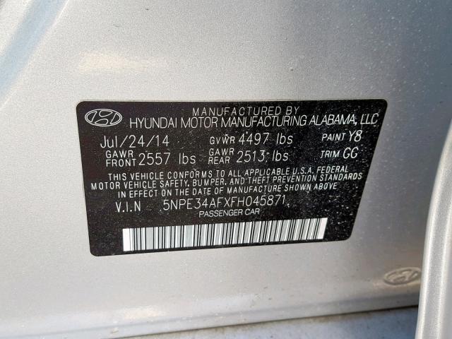 5NPE34AFXFH045871 - 2015 HYUNDAI SONATA SPO SILVER photo 10