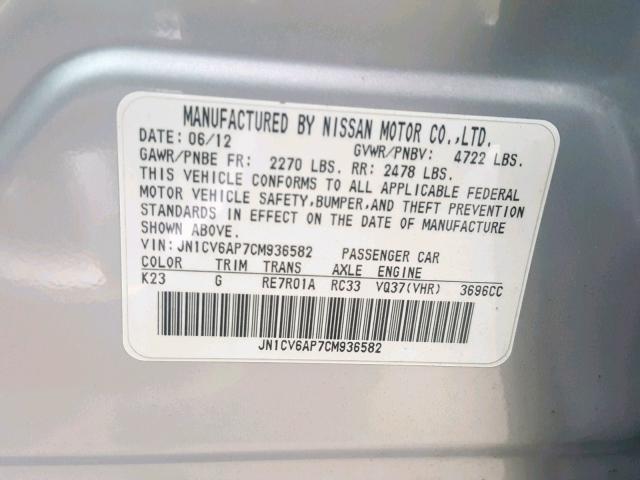 JN1CV6AP7CM936582 - 2012 INFINITI G37 BASE SILVER photo 10