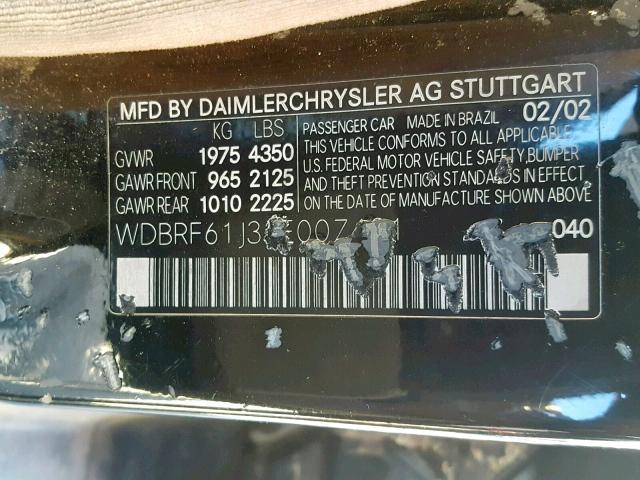 WDBRF61J32E007481 - 2002 MERCEDES-BENZ C 240 BLACK photo 10