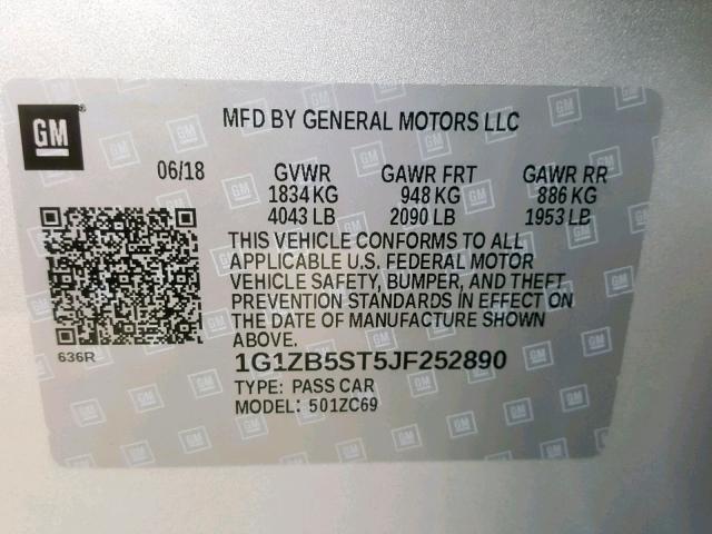 1G1ZB5ST5JF252890 - 2018 CHEVROLET MALIBU LS SILVER photo 10