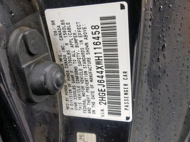 2HGEJ644XWH116458 - 1998 HONDA CIVIC DX BLACK photo 10