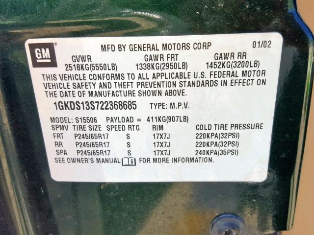 1GKDS13S722368685 - 2002 GMC ENVOY GREEN photo 10