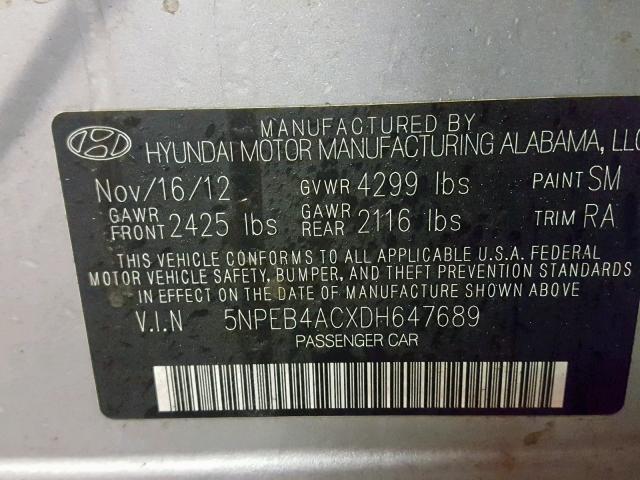 5NPEB4ACXDH647689 - 2013 HYUNDAI SONATA GLS SILVER photo 10