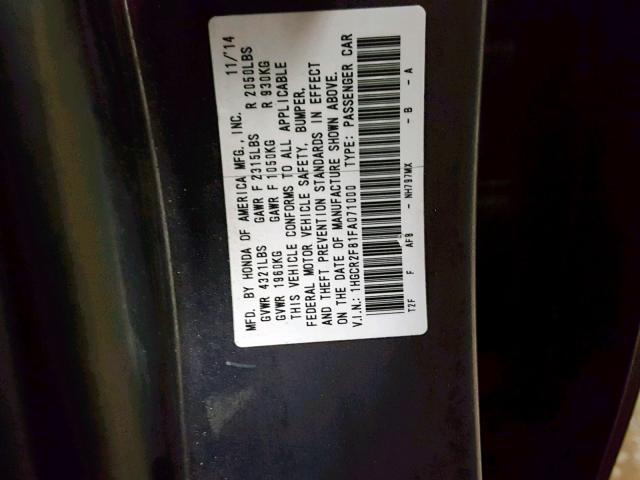 1HGCR2F81FA071000 - 2015 HONDA ACCORD EXL GRAY photo 10