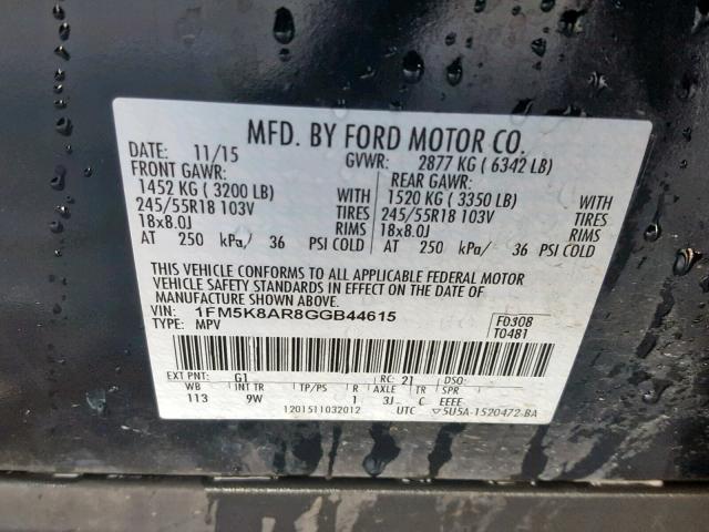 1FM5K8AR8GGB44615 - 2016 FORD EXPLORER P BLACK photo 10