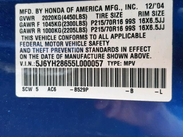 5J6YH28655L000057 - 2005 HONDA ELEMENT EX BLUE photo 10