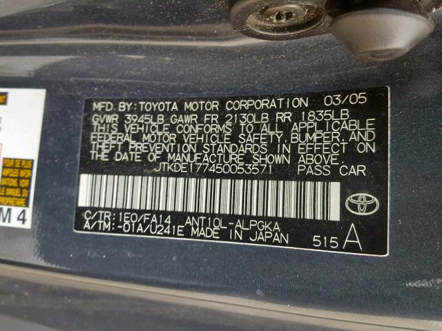 JTKDE177450053571 - 2005 TOYOTA SCION TC ნაცრისფერი ფოტო 10