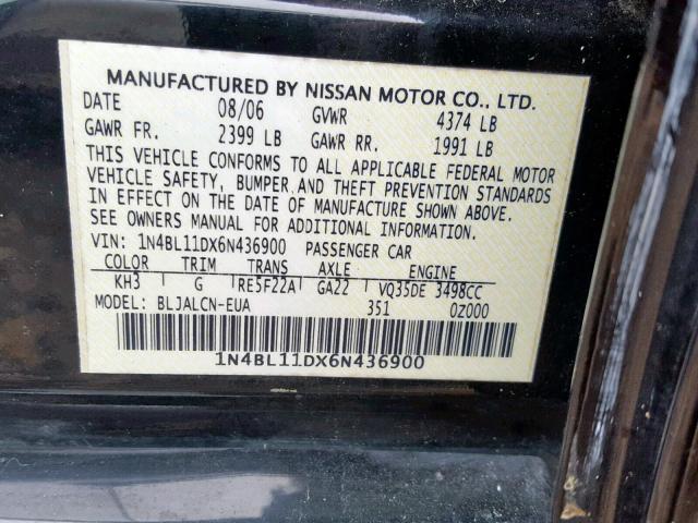 1N4BL11DX6N436900 - 2006 NISSAN ALTIMA SE BLACK photo 10