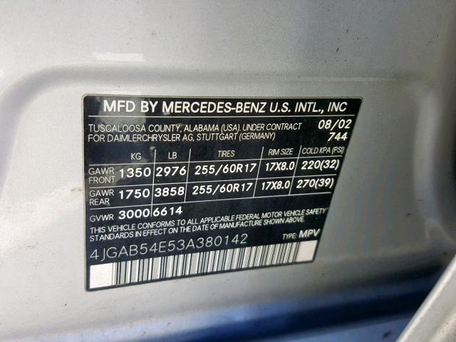 4JGAB54E53A380142 - 2003 MERCEDES-BENZ ML 320 SILVER photo 10