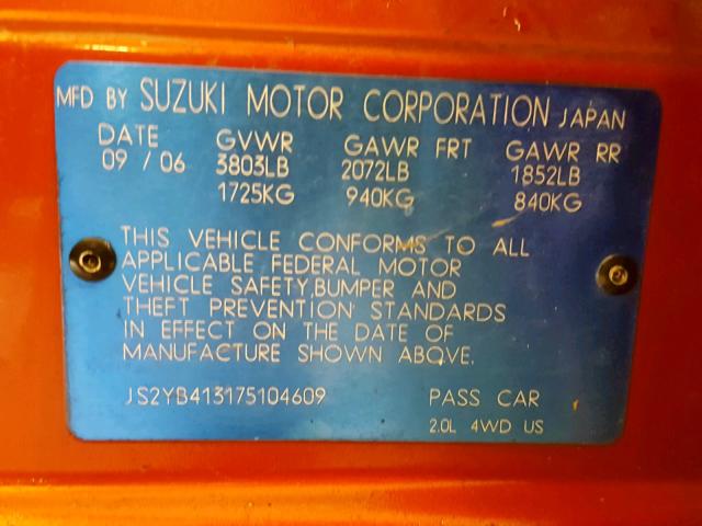 JS2YB413175104609 - 2007 SUZUKI SX4 ORANGE photo 10