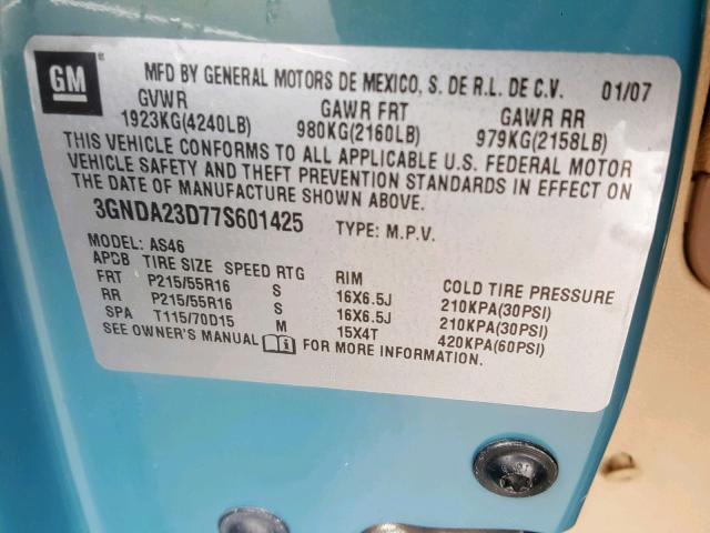 3GNDA23D77S601425 - 2007 CHEVROLET HHR LT BLUE photo 10