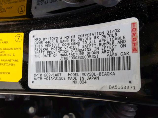 JTHBF30G320035221 - 2002 LEXUS ES 300 BLACK photo 10