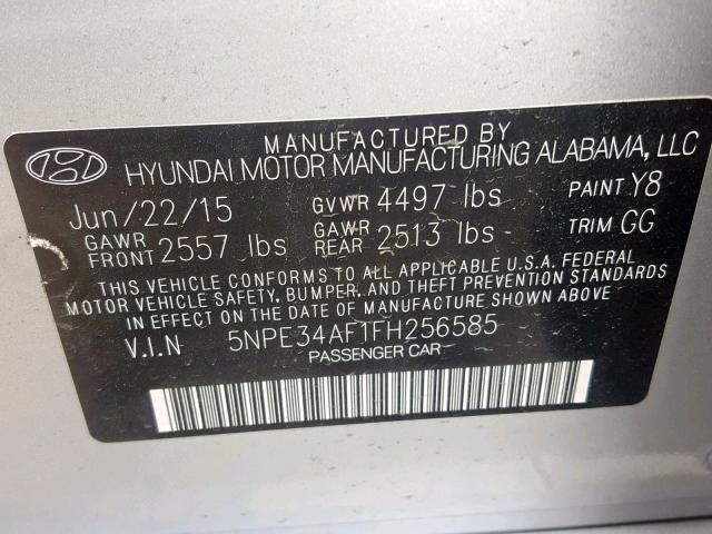 5NPE34AF1FH256585 - 2015 HYUNDAI SONATA SPO SILVER photo 10