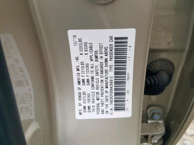 1HGCR2F8XHA088610 - 2017 HONDA ACCORD EXL BEIGE photo 10