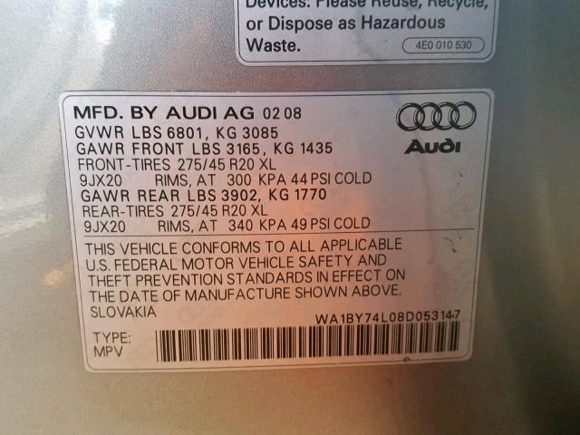 WA1BY74L08D053147 - 2008 AUDI Q7 3.6 QUA GRAY photo 10