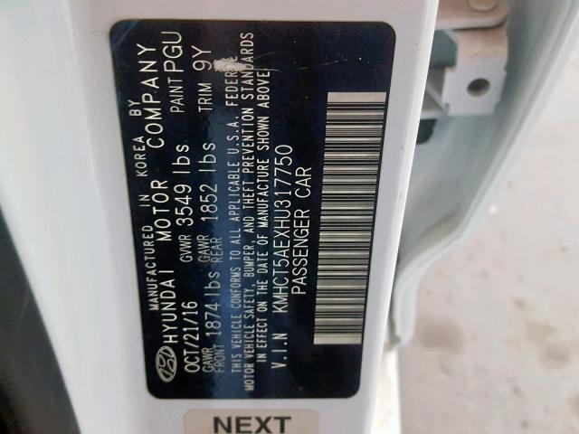 KMHCT5AEXHU317750 - 2017 HYUNDAI ACCENT SE WHITE photo 10