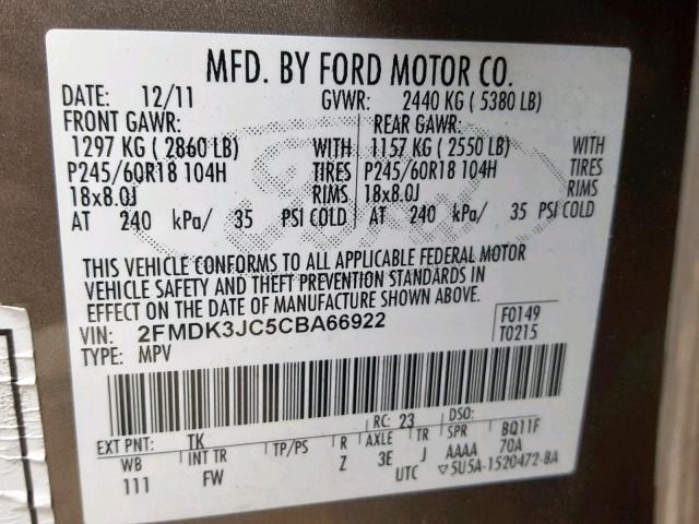 2FMDK3JC5CBA66922 - 2012 FORD EDGE SEL BROWN photo 10