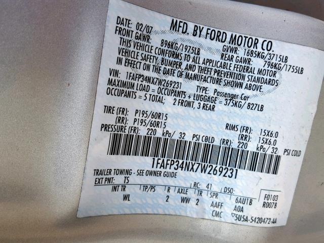 1FAFP34NX7W269231 - 2007 FORD FOCUS ZX4 SILVER photo 10