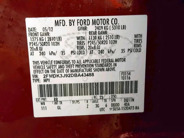 2FMDK3J92DBA43488 - 2013 FORD EDGE SEL RED photo 10