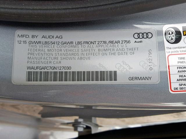 WAUFGAFC7GN127030 - 2016 AUDI A6 PREMIUM GRAY photo 10