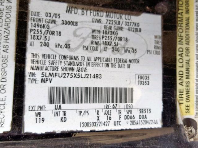 5LMFU275X5LJ21483 - 2005 LINCOLN NAVIGATOR Қара фото 10