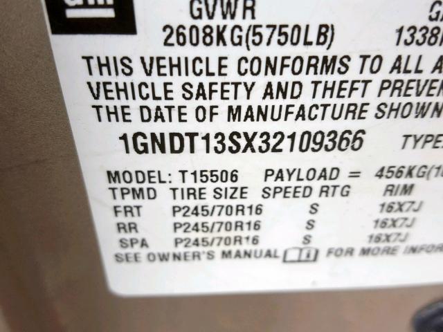 1GNDT13SX32109366 - 2003 CHEVROLET TRAILBLAZE BEIGE photo 10