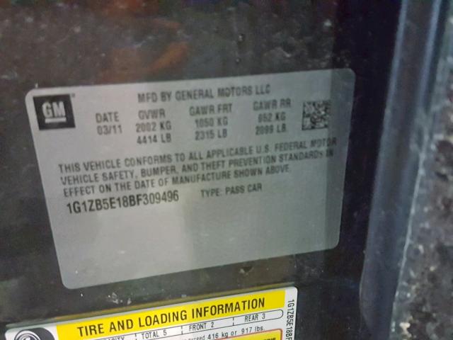 1G1ZB5E18BF309496 - 2011 CHEVROLET MALIBU LS CHARCOAL photo 10