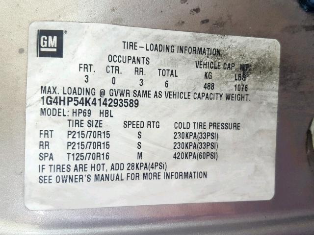 1G4HP54K414293589 - 2001 BUICK LESABRE CU TAN photo 10