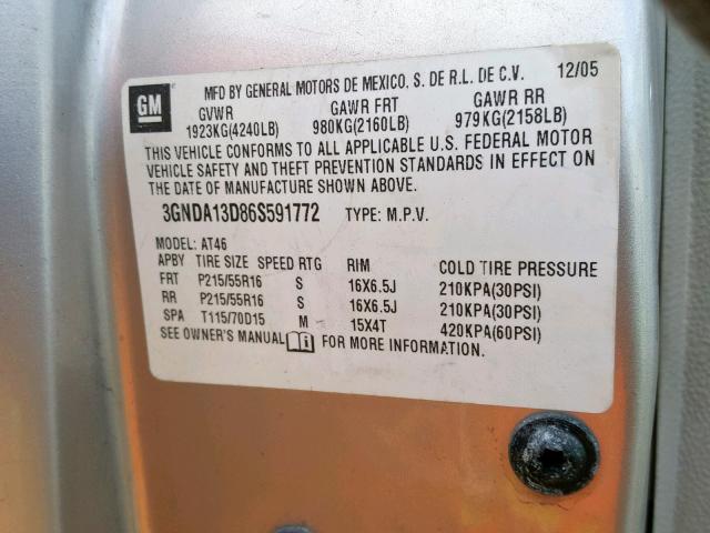 3GNDA13D86S591772 - 2006 CHEVROLET HHR LS Plata foto 10