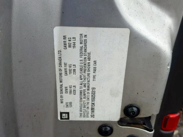 2G1WM15K169250319 - 2006 CHEVROLET MONTE CARL 银色 照片 10